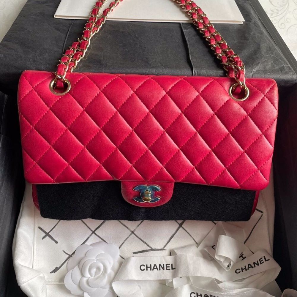 100% authentic CHANEL medium red lambskin GHW double classic flap